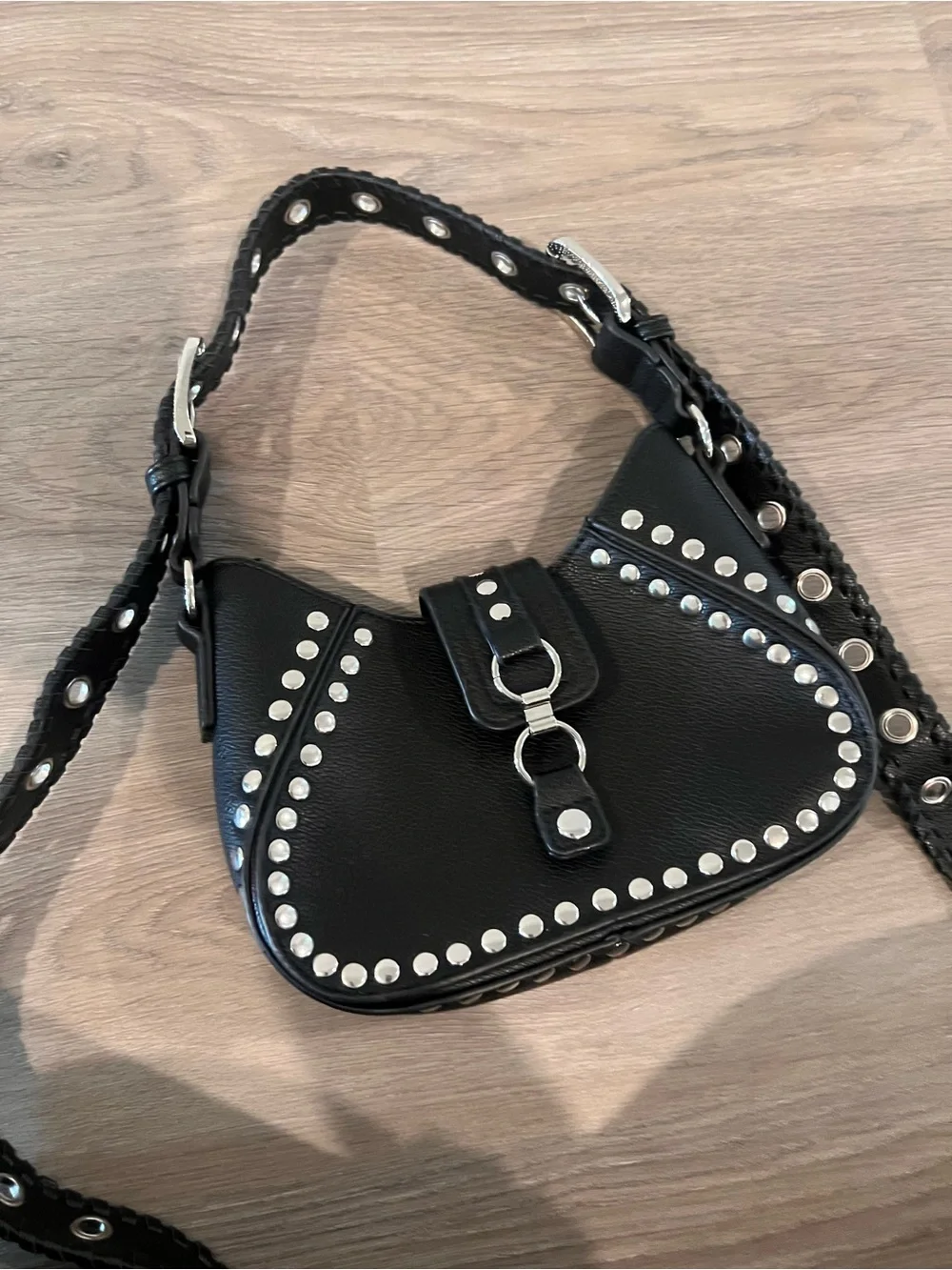 Urban Outfitters Black Studded Leather Shoulder Bag with Grommet Strap